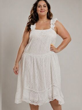 Banana Republic Size 16 White Eyelet Dress Ruffle Strap Sleeveless Vacation